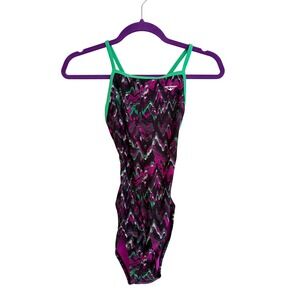 The Finals Funhouse Flutterback Swimsuit Purple Green Abstract One Piece 32/XS